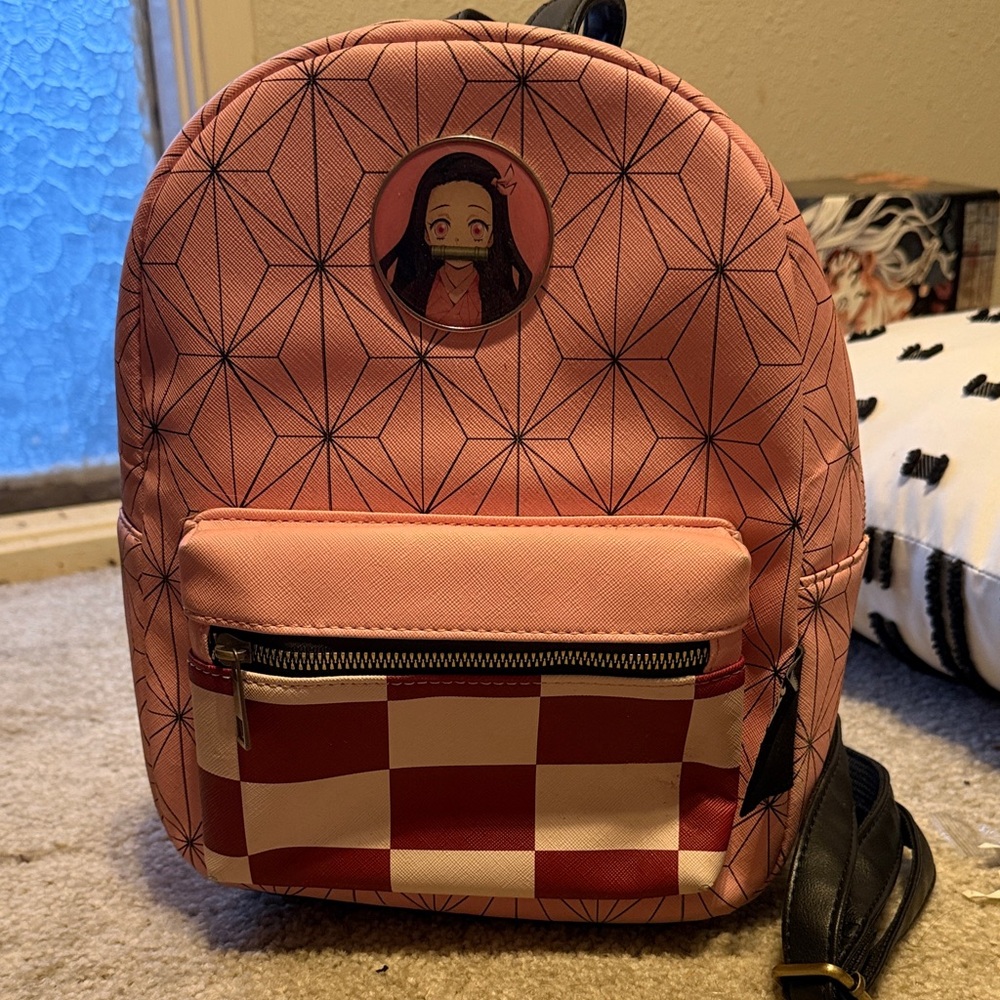 Pink Geometric Backpack with nezuko